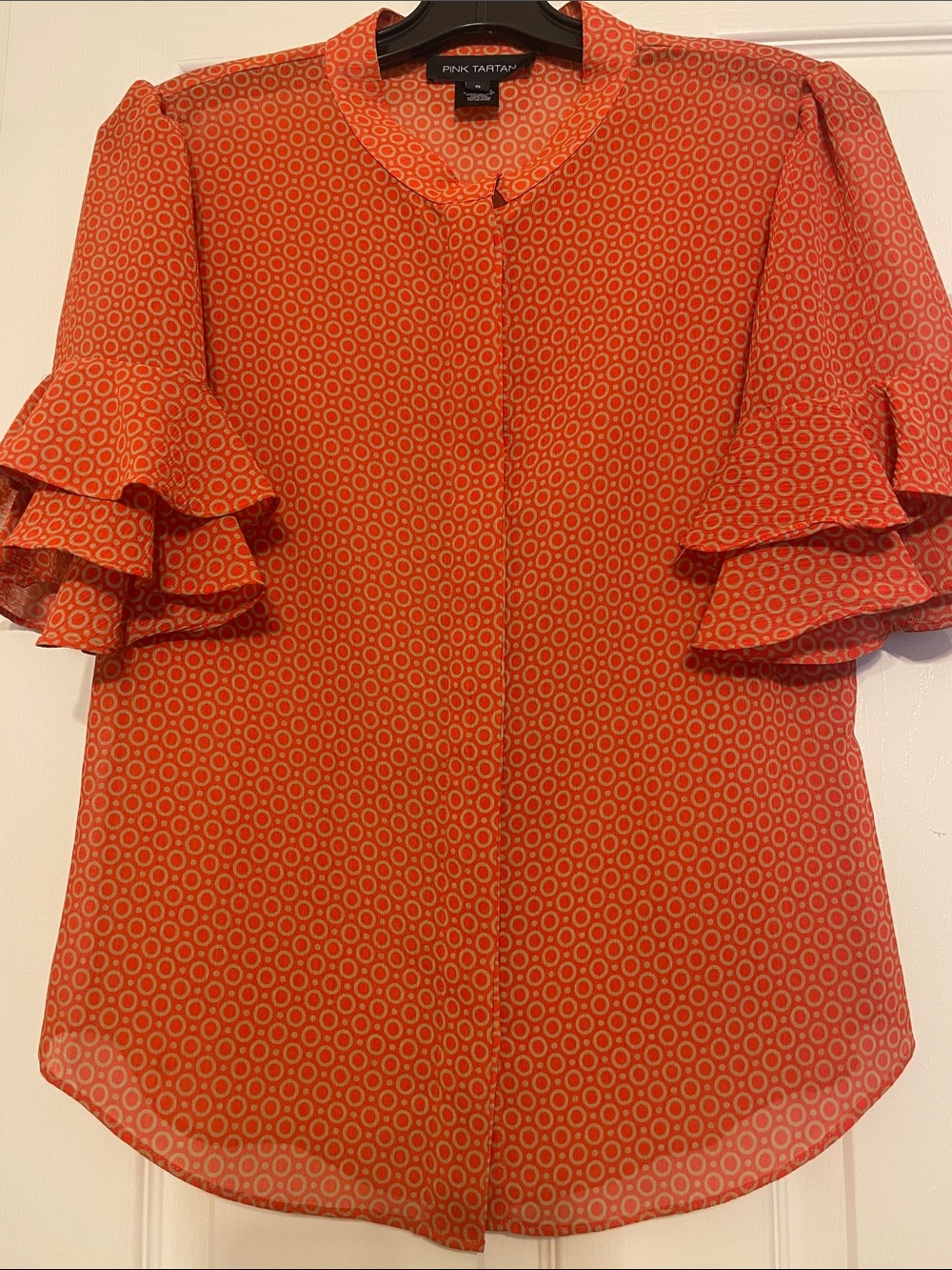Pink Tartan Orange Geometric Ruffle Sleeve Blouse size 6